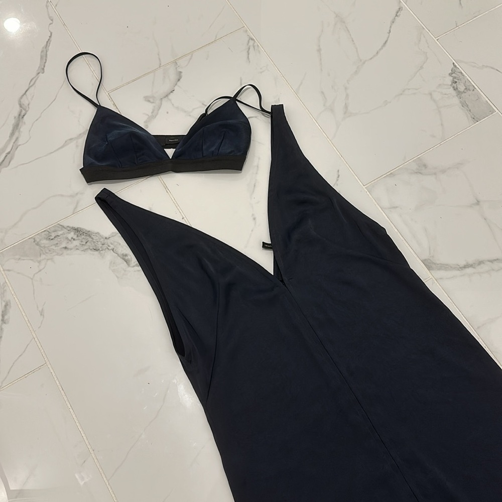 THEORY 100% Silk Maxi Midi dress with Bra Navy Blue 0 2